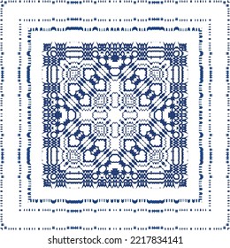 Portuguese vintage azulejo tiles. Vector seamless pattern flyer. Kitchen design. Blue antique background for pillows, print, wallpaper, web backdrop, towels, surface texture.