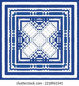 Portuguese vintage azulejo tiles. Vector seamless pattern texture. Hand drawn design. Blue antique background for pillows, print, wallpaper, web backdrop, towels, surface texture.