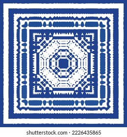 Portuguese vintage azulejo tiles. Vector seamless pattern texture. Hand drawn design. Blue antique background for pillows, print, wallpaper, web backdrop, towels, surface texture.