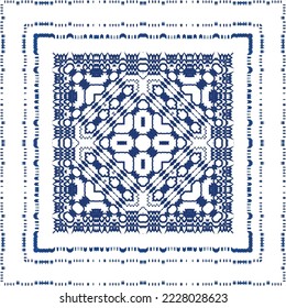 Portuguese vintage azulejo tiles. Vector seamless pattern flyer. Kitchen design. Blue antique background for pillows, print, wallpaper, web backdrop, towels, surface texture.