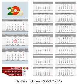 Portuguese Wall calendar planner vector template for 2025 year. Portuguese and English language. Week starts from Monday.