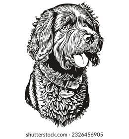 Portuguese Water dog silhouette pet character, clip art vector pets drawing black and white sketch drawing