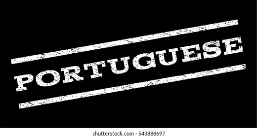 Portuguese watermark stamp. Text caption between parallel lines with grunge design style. Rubber seal stamp with scratched texture. Vector white color ink imprint on a black background.