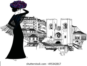 Portuguese woman with a basket of flower on her head - vector illustration