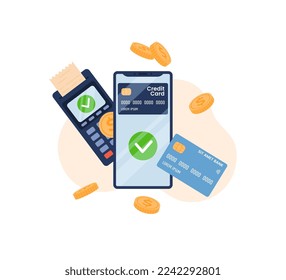 POS with check, mobile phone and plastic bank card flat style, vector illustration isolated on white background. Dollar coins, NFC pay hand, contactless and cashless