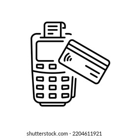 Pos mit Kreditkartenlinie Symbol. Bank Terminal Machine für bargeldlose Zahlung Linear Piktogramm. Banking Finance Electronic Money Transaction Outline Icon. Bearbeitbarer Stroke. Einzelne Vektorgrafik.