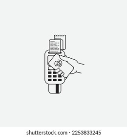 Pos device, bill, smartphone and hand. Vector design.