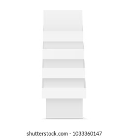 POS floor cardboard product display racks - front view. Retail stand isolated on white background. Vector illustration