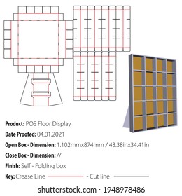 POS Floor Display with cube space for product and holder behind packaging design template selffold die cut - vector