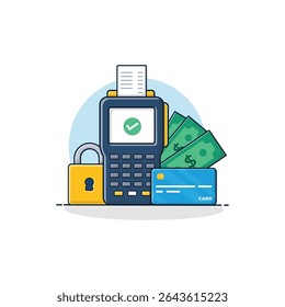 Pos Machine with Bank Card and Lock Vector Illustration. Secure Payment Concept Design