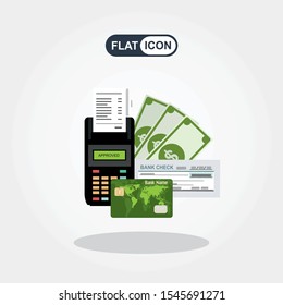 Pos machine, Card, Money and Cheque. Payment Methods Concept. Flat Style. Vector Illustration.