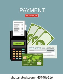 Pos machine, Card, Money and Cheque. Payment Methods Concept. Flat Style. Vector Illustration.