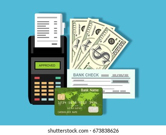 Pos machine, Card, Money and Cheque. Payment Methods Concept. Flat Style. Vector Illustration.