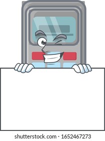 POS machine cartoon character with funny face hides behind a board