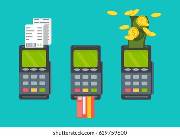 Pos machine with credit card. Vector. Pos terminal. Pos cashless payment concept.