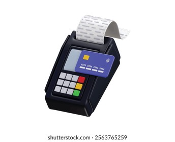 Pos machine payment Terminal with Card and Receipt icon 3d Render concept of Modern POS Bank Payment Device. Payment NFC Keypad Machine. Credit Debit Card Reader. online Payment Transaction