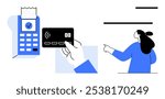 POS machine with receipt and hand holding a credit card. Person pointing in the background. Ideal for banking, shopping, e-commerce, contactless payment, digital transactions. Modern flat style