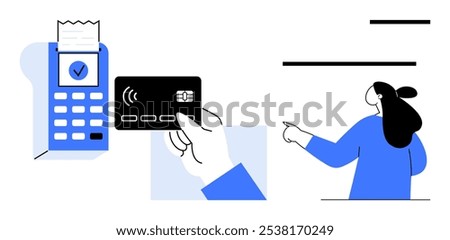 POS machine with receipt and hand holding a credit card. Person pointing in the background. Ideal for banking, shopping, e-commerce, contactless payment, digital transactions. Modern flat style
