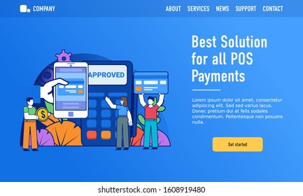 POS, mobile payments concept. Small people stand near big POS terminal, mobile phone. Modern design vector illustration. Web landing page template