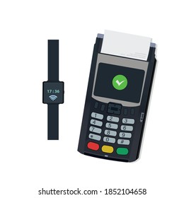 POS and NFC payment technology concept with a watch. Pay by the clock by approaching the POS terminal. Flat vector illustration