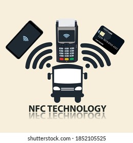 Concepto de tecnología de pagos POS y NFC en el autobús. Pago por teléfono. por tarjeta y por el reloj que se acerca a la terminal POS. Ilustración vectorial plana