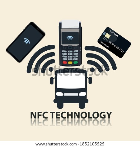 POS and NFC payment technology concept in the bus. Payment by phone. by card and by the clock approaching the POS-terminal. Flat vector illustration