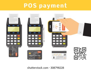 POS payment concept. Vector set of point of sail terminals, credit cards. Types of POS payments