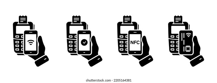 POS Payment Processing Silhouette Icon. Approved Cashless Transaction NFC Technology Pay Process Glyph Pictogram. Smartphone, Credit Card Payment on Terminal Icon Set. Isolated Vector Illustration.