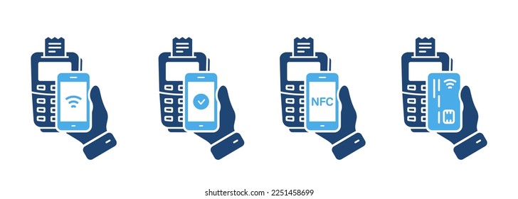 POS Payment Processing Silhouette Icon. Approved Cashless Transaction NFC Technology Pay Process Glyph Pictogram. Smartphone, Credit Card Payment on Terminal Icon Set. Isolated Vector Illustration.