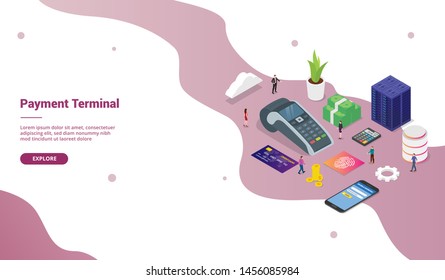 pos payment terminal concept with team people and credit card technology business for website template or landing homepage with isometric modern style - vector
