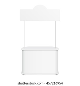 POS POI Blank Empty Retail Stand Stall Bar Display With Banner. Illustration Isolated On White Background . Mock Up Template Ready For Your Design. Product Advertising Vector EPS10