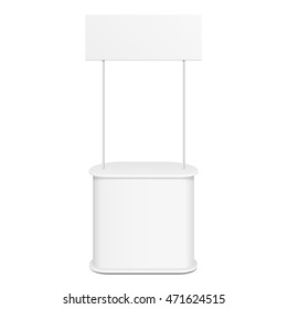 POS POI Blank Empty Retail Stand Stall Bar Display With Banner. Illustration Isolated On White Background . Mock Up Template Ready For Your Design. Product Advertising Vector EPS10