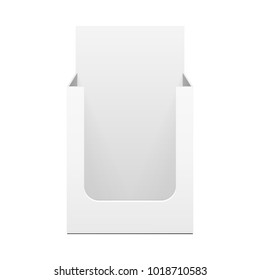 POS POI Cardboard Blank Empty Display Show Box Holder. Fliers, Leaflets, Products. Front View. Illustration Isolated On White Background. Mock Up Template Ready For Your Design. Vector EPS10