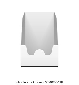 POS POI Cardboard Blank Empty Display Show Box Holder. Fliers, Leaflets, Products. Front View. Illustration Isolated On White Background. Mock Up Template Ready For Your Design. Vector EPS10