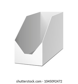 POS POI Cardboard Blank Empty Display Show Box Holder For Advertising Fliers, Leaflets, Products. Illustration Isolated On White Background. Mock Up Template Ready For Your Design. Vector EPS10