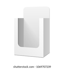 POS POI Cardboard Blank Empty Display Show Box Holder For Advertising Fliers, Leaflets, Products. Illustration Isolated On White Background. Mock Up Template Ready For Your Design. Vector EPS10