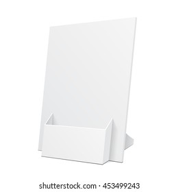 POS POI Cardboard Blank Empty Show Box Holder For Advertising Fliers, Leaflets Or Products On White Background Isolated. Ready For Your Design. Product Advertising. Vector EPS10