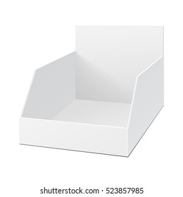 POS POI Cardboard Blank Empty Display Show Box Holder For Advertising Fliers, Leaflets, Products. Illustration Isolated On White Background. Mock Up Template Ready For Your Design. Vector EPS10