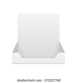 POS POI Cardboard Blank Empty Display Show Box Holder For Advertising Fliers, Leaflets, Products. Illustration Isolated On White Background. Mock Up Template Ready For Your Design. Vector EPS10