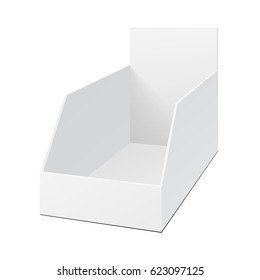 POS POI Cardboard Blank Empty Display Show Box Holder For Advertising Fliers, Leaflets, Products. Illustration Isolated On White Background. Mock Up Template Ready For Your Design. Vector EPS10