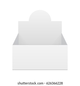 POS POI Cardboard Blank Empty Display Show Box Holder For Advertising Fliers, Leaflets, Products. Illustration Isolated On White Background. Mock Up Template Ready For Your Design. Vector EPS10