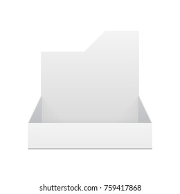 POS POI Cardboard Blank Empty Display Show Box Holder For Advertising Fliers, Leaflets, Products. Illustration Isolated On White Background. Mock Up Template Ready For Your Design. Vector EPS10