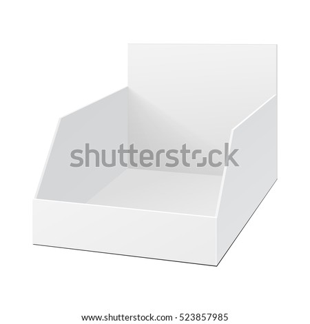 POS POI Cardboard Blank Empty Display Show Box Holder For Advertising Fliers, Leaflets, Products. Illustration Isolated On White Background. Mock Up Template Ready For Your Design. Vector EPS10