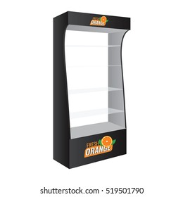 POS POI Piso de Cartolina Vidro Display Rack Para Supermercado. Vector em branco vazio exibe prateleiras de vidro para produtos com fundo isolado. Pronto para o seu design. Embalagem do produto.