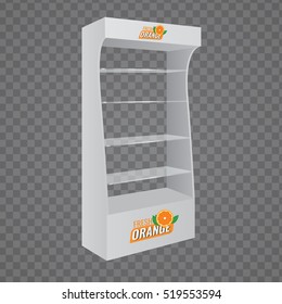 POS POI Cardboard Glass Floor Display Rack For Supermarket. Vector Blank Empty Displays Glass Shelves for Products with Background Isolated. Ready For Your Design. Product Packing.