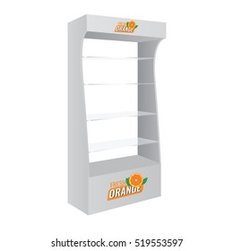 POS POI Cardboard Glass Floor Display Rack For Supermarket. Vector Blank Empty Displays Glass Shelves for Products with Background Isolated. Ready For Your Design. Product Packing.