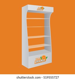 POS POI Cardboard Glass Floor Display Rack For Supermarket. Vector Blank Empty Displays Glass Shelves for Products with Background Isolated. Ready For Your Design with orange background