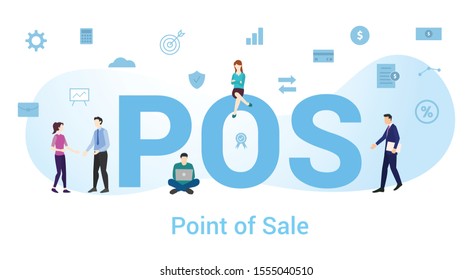 pos point of sale concept with big word or text and team people with modern flat style - vector