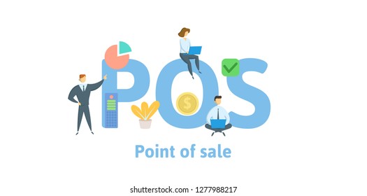 POS, Point of Sale. Concept with keywords, letters and icons. Colored flat vector illustration. Isolated on white background.