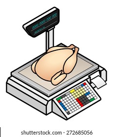 A POS (point of sale) digital scales with a whole uncooked chicken / turkey.